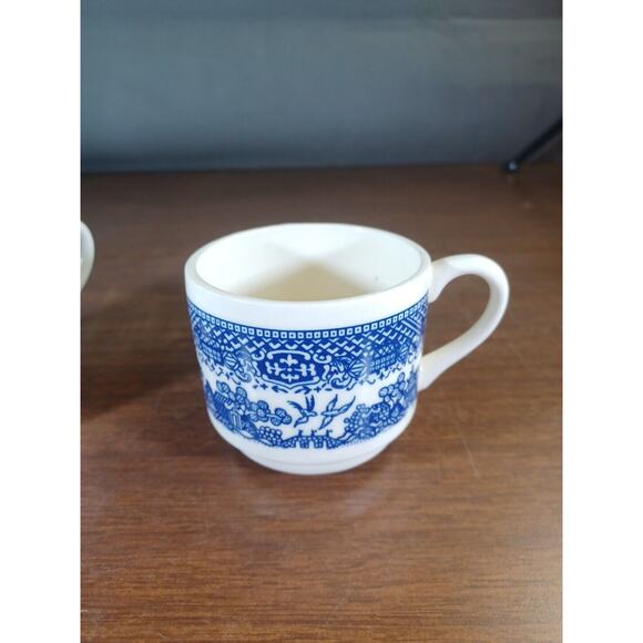 2 Vintage Blue WILLOW WARE Pottery Coffee Cups - Stackable Mugs - Made In USA - Picture 6 of 10